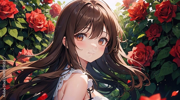 Obraz 薔薇に囲まれた女の子　イラスト｜Generative AI