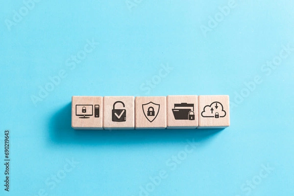 Fototapeta Cybersecurity concept. wooden block with security icon for protecting cyber privacy information. secure internet access technology, security encryption of user private data.