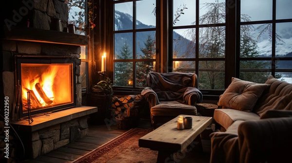 Fototapeta Modern wooden cottage alpine house interior latest autumn