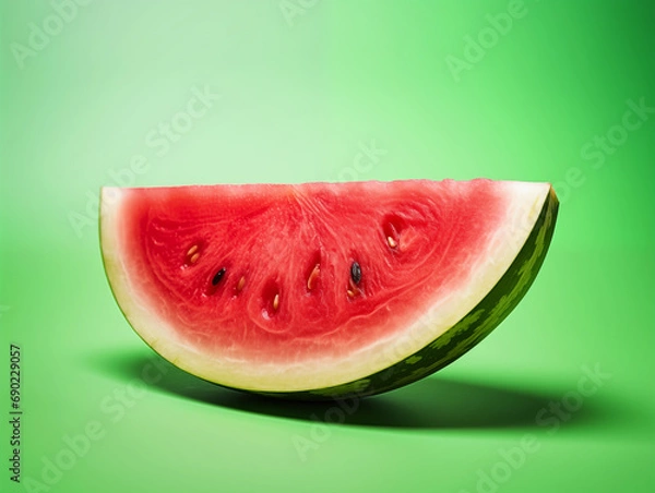 Obraz Fresh slice of juicy organic watermelon with seeds against a green background with studio lighting