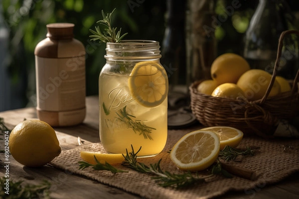 Obraz Lemonade soda drink with fresh lemons. Refreshing cocktail with lemon, mint and ice on textured light background. Summer cold drinks concept.