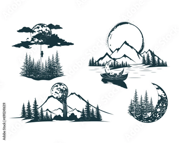 Obraz Мystical silhouettes of mountains, forests, moon and other design elements isolated on a white background. Vector prints for label or tattoo