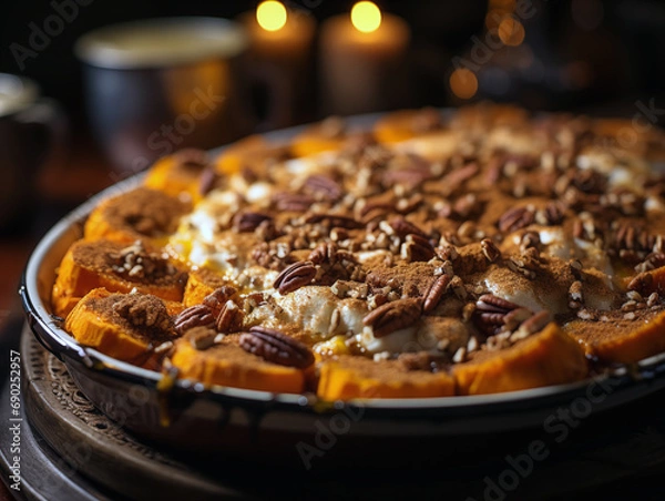 Obraz Macro shot of freshly baked sweet potato yams casserole with walnuts, marshmallow, cinnamon, nutmeg