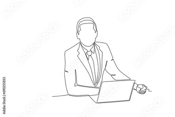 Fototapeta Continuous one line drawing TV news anchorman. News anchor broadcasting the news with a reporter live on screen. Journalist or reporter holding microphone. Single line draw design vector illustration.