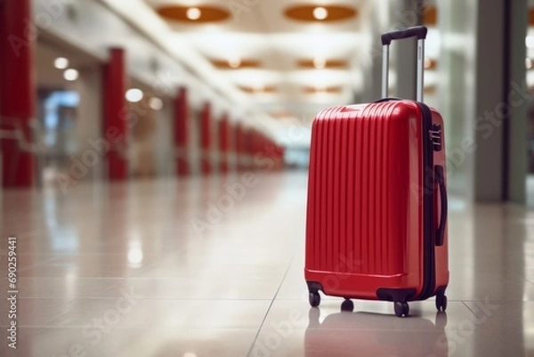 Fototapeta Red Suitcase in Airport Terminal