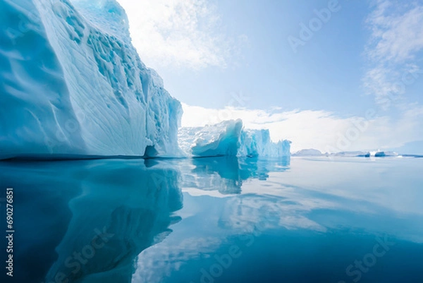 Obraz The image depicts a massive iceberg in the polar regions, surrounded by icy waters. The iceberg's imposing size and jagged edges are a testament to the raw power. climate change.
