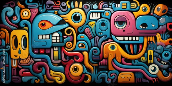 Fototapeta Whimsical Fusion: Abstract and colorful shapes converge in playful doodles, forming a vibrant and expressive illustration of an imaginative and lively face