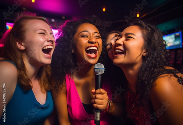 Fototapeta Friends engaged in a pajama party karaoke session, happy joyful people singing with a mic and colorful background