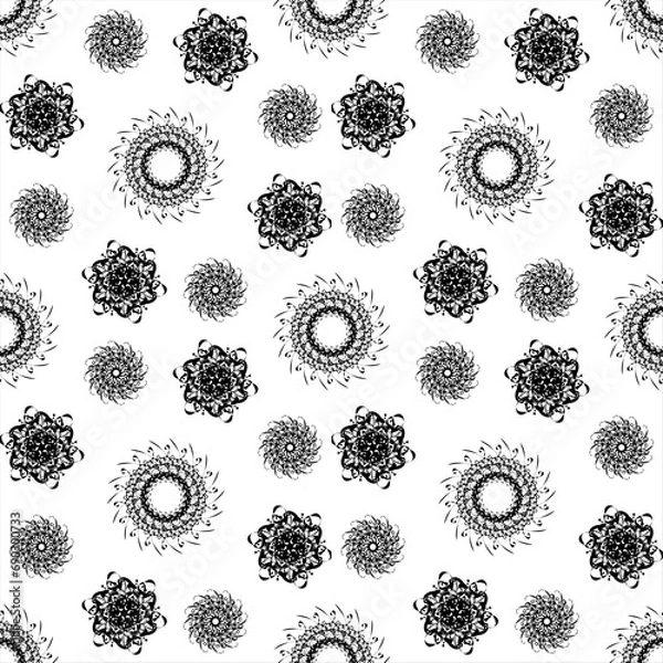 Fototapeta Seamless pattern with circle shaped snowflakes-like flowers. Hand drawn vector illustration.