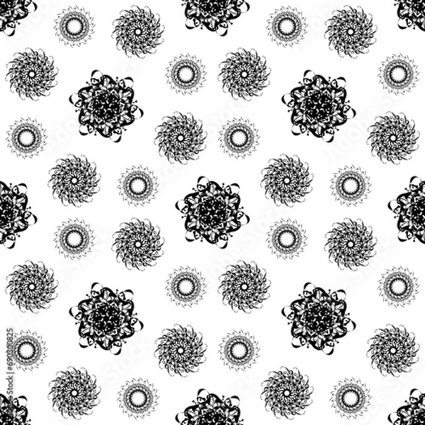 Fototapeta Seamless pattern with circle shaped snowflakes-like flowers. Hand drawn vector illustration.