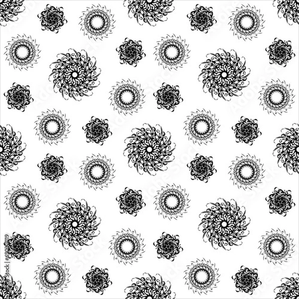 Fototapeta Seamless pattern with circle shaped snowflakes-like flowers. Hand drawn vector illustration.