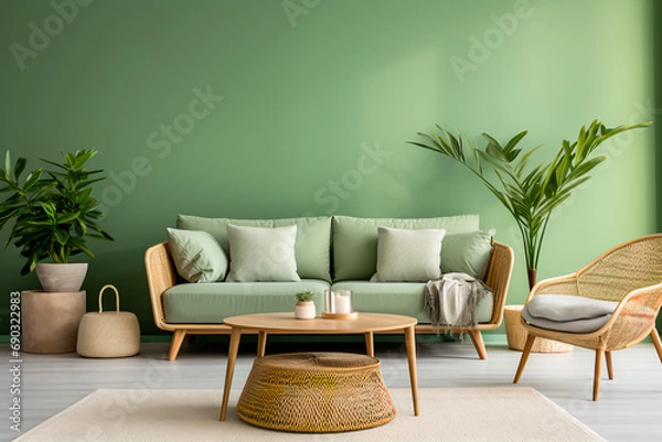 Fototapeta Modern living room in Scandinavian style: Elliptical coffee table beside a light green sofa, wicker chairs against a green wall, exuding chic simplicity.
