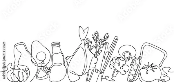 Fototapeta Groceries shopping. illustration with food in continuous line drawing style.  Vector background with vegetables, fruits, greens, meat, fish, toaster bread, beverage.