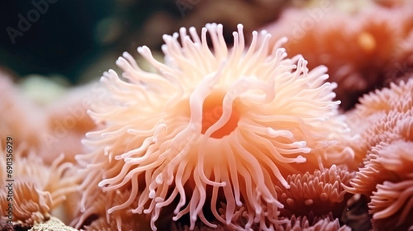 Fototapeta A close up of a sea anemone in the water. Monochrome peach fuzz background.