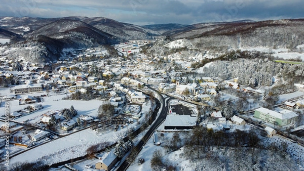 Fototapeta Winter scenery: beautiful view of small town Alland in lower Austria near Heiligenkreuz in Austria