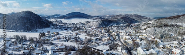 Fototapeta Winter scenery: beautiful panoramic view of small town Alland in lower Austria near Heiligenkreuz in Austria