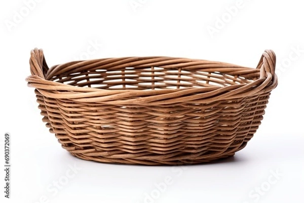 Fototapeta Empty wicker basket with handles, isolated on white background.