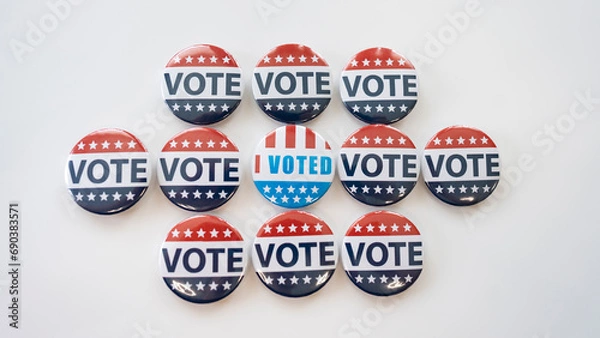Fototapeta Group of red, blue and white vote buttons for presidental election 2024.  I voted badges isolated on white background
