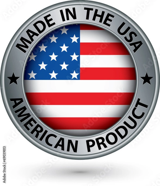 Obraz Made in the USA american product silver label with flag, vector