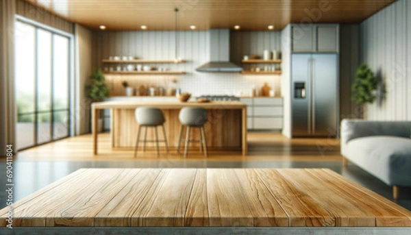 Fototapeta Empty wooden table with kitchen in background