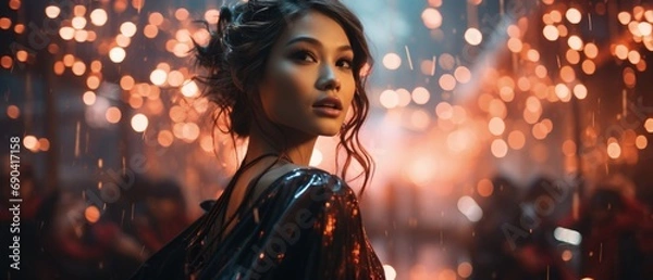 Fototapeta Glamorous Asian woman with sparkling dress against a bokeh light background, highlighting beauty and elegance in a festive atmosphere.