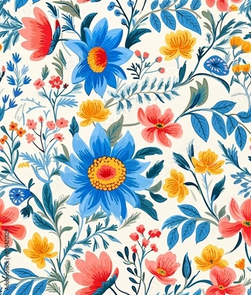 Obraz Vibrant Summer Floral Pattern with Large Blooms and Foliage

