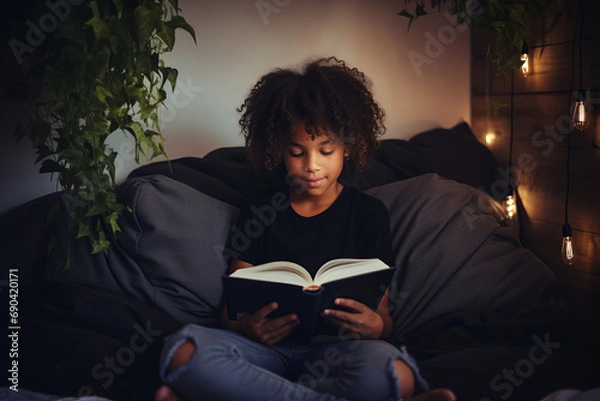 Fototapeta Cute little boy reading a book in his bed. Child reading in bedroom with lights on.