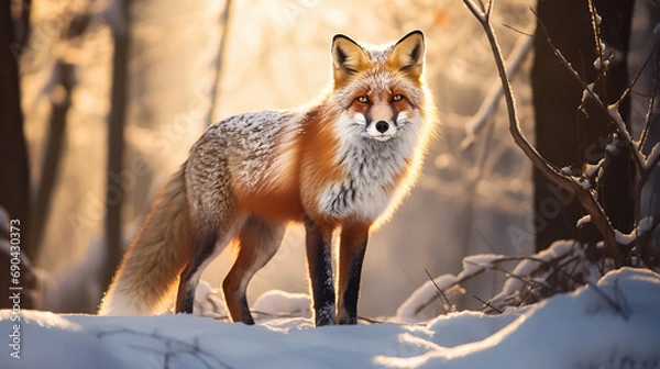 Obraz Wild red fox in a snowy winter forest.