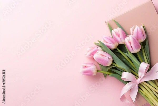 Fototapeta Top View of Pink Giftbox with Ribbon Bow and Tulip Bouquet on Pastel Pink Background - Created with Generative AI Tools