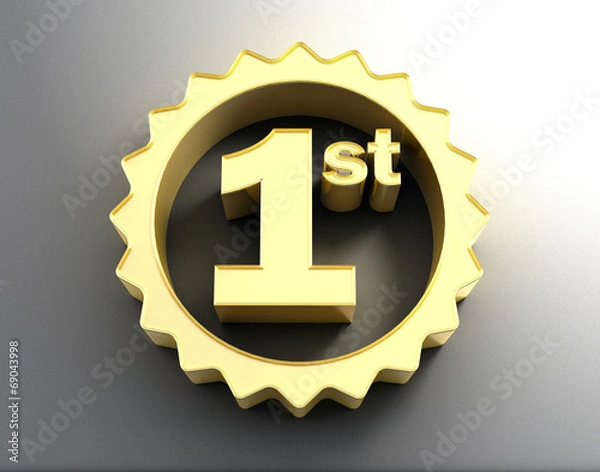 Fototapeta Gold 3D Word First on the wall background. 3D render image.