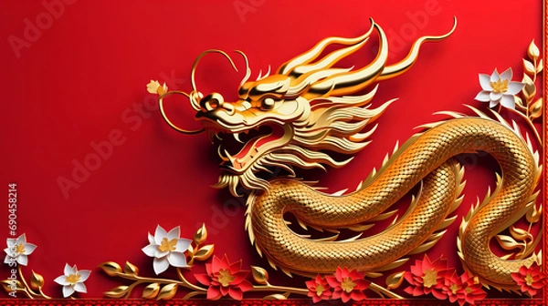 Fototapeta Chinese new year 2024. Chinese gold dragon with flower on red background. Festival in china. Created with AI