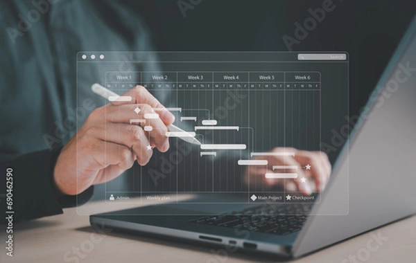 Fototapeta Project management concept. Engineering progress table. Site manager working with Gantt chart schedule for task plan chart. Planning software. Corporate strategy for construction and operations.