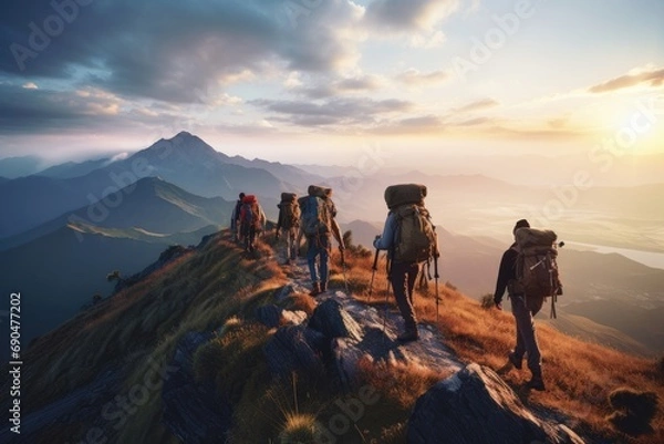 Obraz A group of hikers with backpacks walking on a mountain trail at sunrise