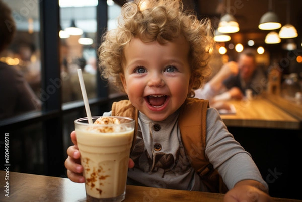Fototapeta Happy smiling cheerful toddler kid with open mouth while she holds in hands smoothie drink milkshake with cream beverage with straw. Little child spend time leisure in indoor restaurant bar