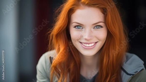 Fototapeta  a close up of a woman with long red hair and blue eyes smiling at the camera with a smile on her face.