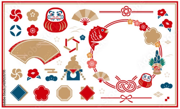 Fototapeta 和モチーフのあしらいセット。水引や門松などのイラストやアイコンセット
