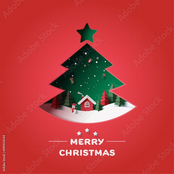 Fototapeta Green christmas Tree decorated. Merry Christmas and winter season on red background. Vector illustration in paper art craft