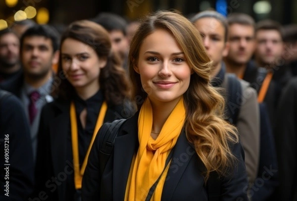 Fototapeta Smiling young woman in black attire with yellow scarf at a business event