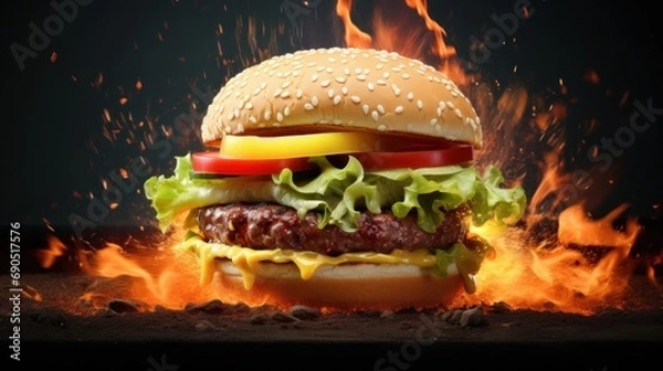 Fototapeta  a hamburger with lettuce, tomato, and cheese on a sesame seed bun with fire in the background.