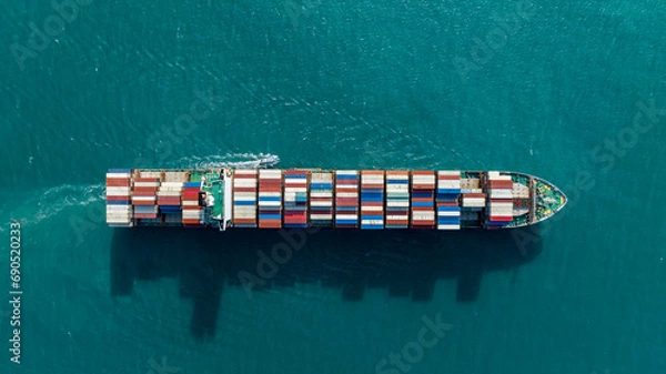 Obraz Aerial view container cargo maritime ship freight shipping by container cargo ship, Global business import export commercial trade logistic container cargo freight shipping.