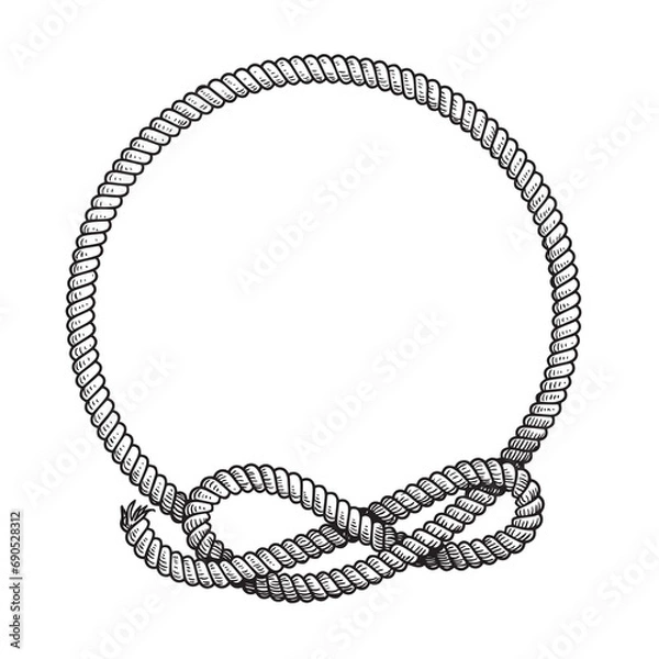 Fototapeta Hand drawn circle rope frame with free style node. Sketch nautical design element. Best for marine and western designs. Vector illustration isolated on white.