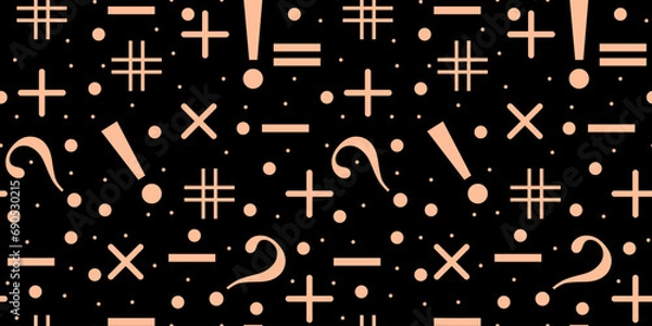 Fototapeta Seamless pattern with Trendy Punctuation marks isolated black background. Avant-garde peach fuzz ornament. Vector illustration can used wallpaper, textile, bed linen print. Modern backdrop.