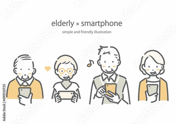 Fototapeta 笑顔でスマホを使うシニア世代　シンプルでお洒落な線画イラスト