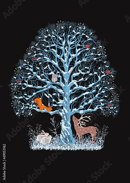 Obraz Big blue tree with different animals on black background