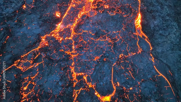 Obraz Aerial view over volcanic eruption, Night view, lava spill out of the crater ( Iceland)