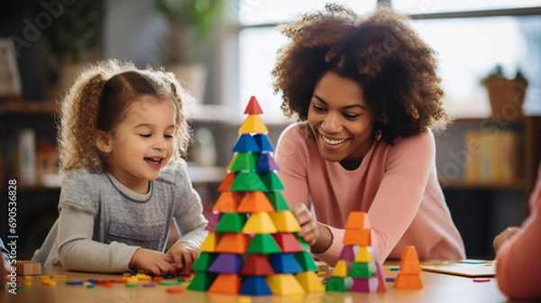 Fototapeta Happy African mother and children playing with building blocks, cute little girl playing with toy block and enjoying time together at home