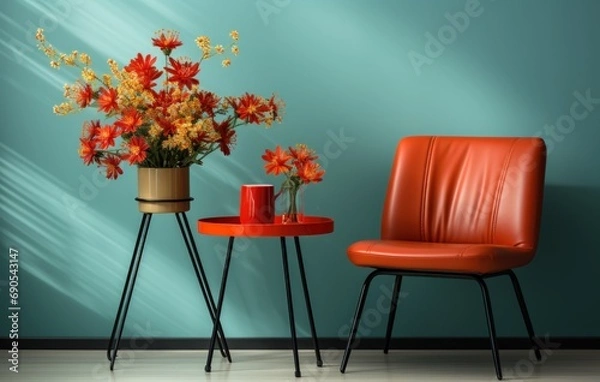 Fototapeta Cozy Reading Nook with Red Leather Chair and Turquoise Wall