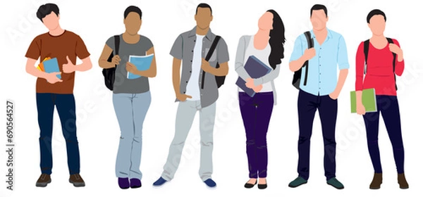 Fototapeta  Group of multiracial and multicultural college students. Young girls and boys holding books, standing and walking to university. Vector realistic illustration on isolated white background