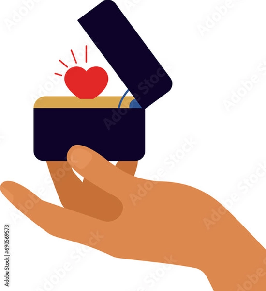 Fototapeta Male hand hold black opened box for jewelry or wedding ring with shiny heart shape inside. Isolated expensive gift case. Concept of proposal and love as the best gift.