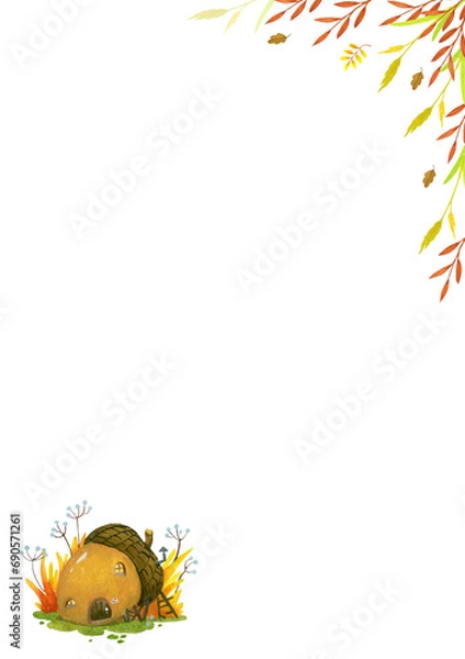 Fototapeta rectangular frame with a small forest house and autumn herbs and leaves on a white background